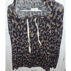 Hopely Mocha Brown Leopard Print Dolman Sleeve Knit Hoodie HT12347 Medium NEW